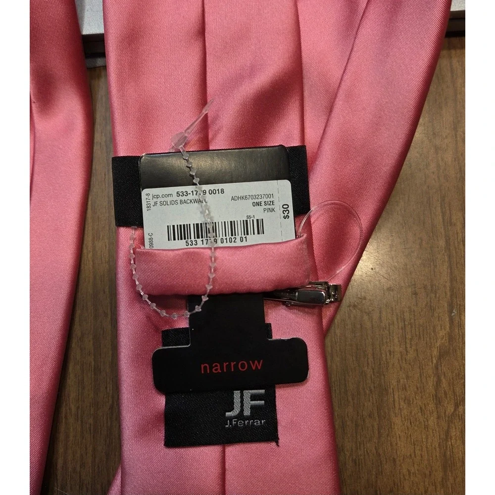 JF J.Ferrar‎ Narrow Necktie Men's Pink Solids With Tie Bar Formal Wedding Party